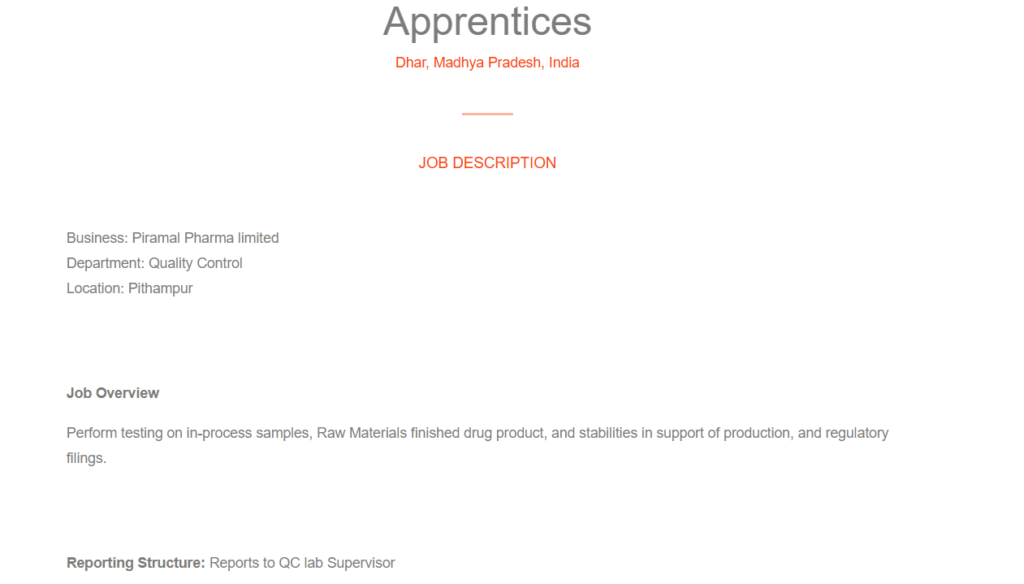 Freshers Needed In QC Apprentices At Piramal Pharma Limited Freshers Needed In QC Apprentices At Piramal Pharma Limited