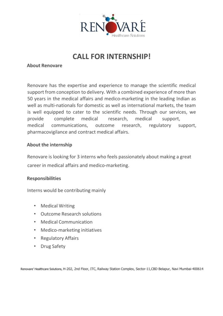Freshers Needed In Intern – Medical Writing & Drug Safety At Renovare Healthcare Solutions Freshers Needed In Intern – Medical Writing & Drug Safety At Renovare Healthcare Solutions