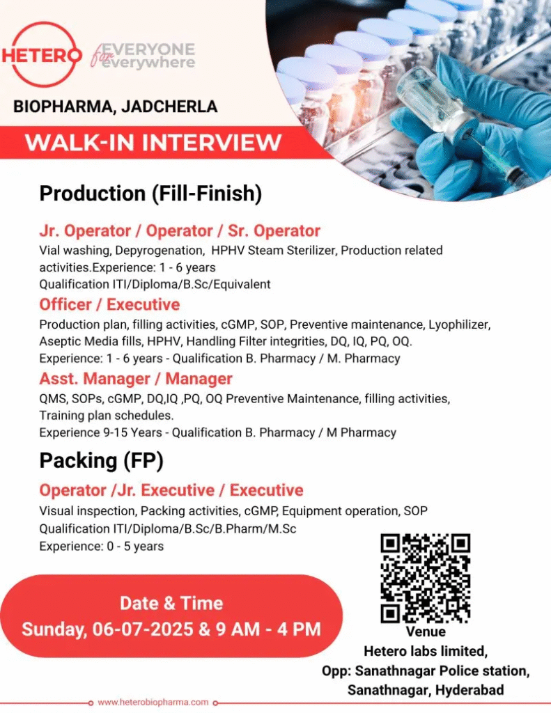Urgent Openings at Hetero Biopharma – Production & Packing Jobs Urgent Openings at Hetero Biopharma – Production & Packing Jobs