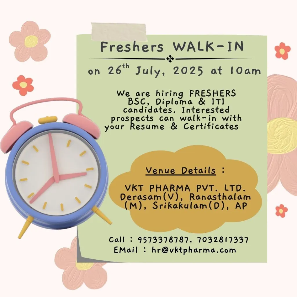 Freshers Needed In Production, QC, QA At VKT Pharma Pvt Ltd