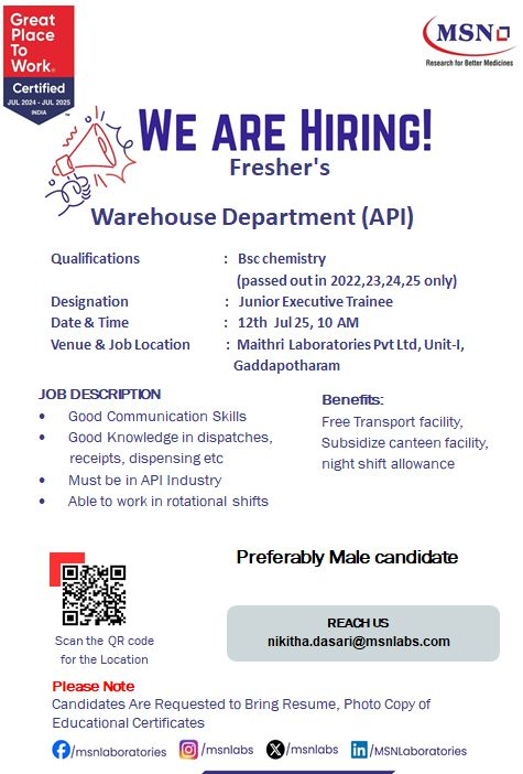 Fresher Needed in Warehouse Trainee Role at MSN Laboratories Pvt Ltd Fresher Needed in Warehouse Trainee Role at MSN Laboratories Pvt Ltd