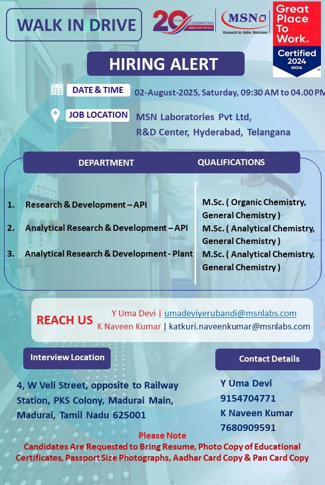MSN Laboratories Hiring for R&D and Analytical Roles MSN Laboratories Hiring for R&D and Analytical Roles