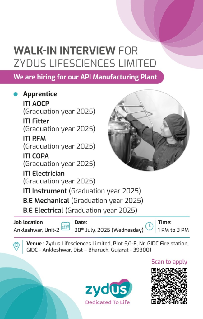 Freshers Needed In Apprentice & Engineer At Zydus Lifesciences