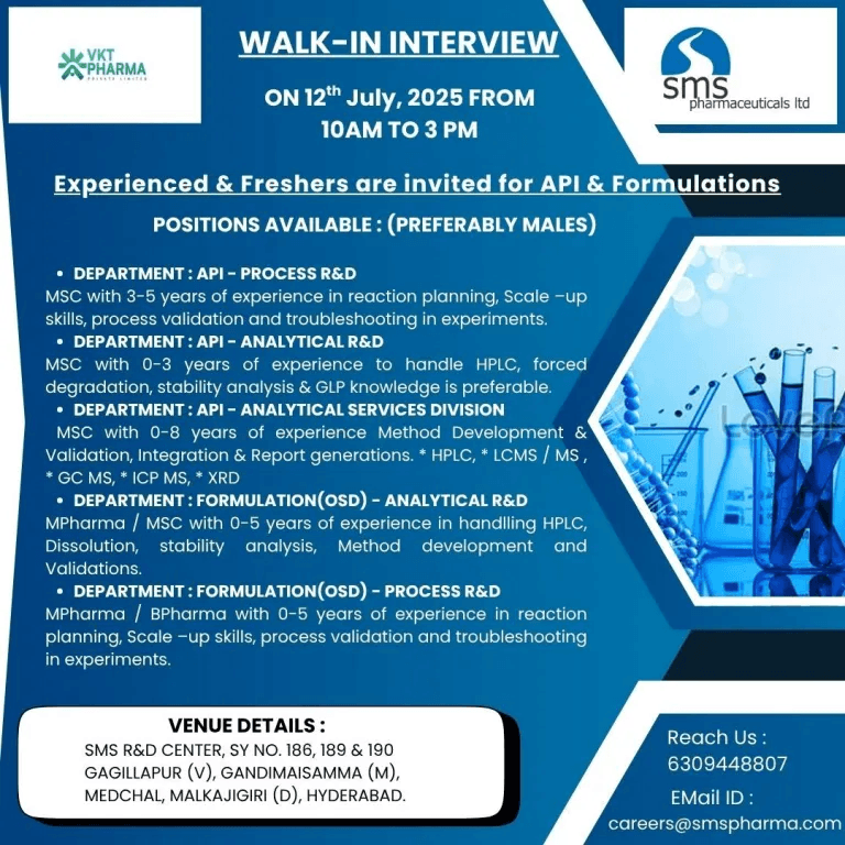 SMS Pharmaceuticals Ltd Openings for ARD, PRD, FPRD SMS Pharmaceuticals Ltd Openings for ARD, PRD, FPRD