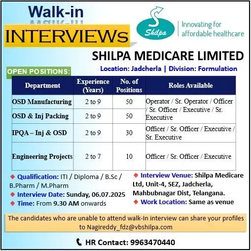 Shilpa Medicare Ltd Recruitment 2025 – Multiple Vacancies Shilpa Medicare Ltd Recruitment 2025 – Multiple Vacancies