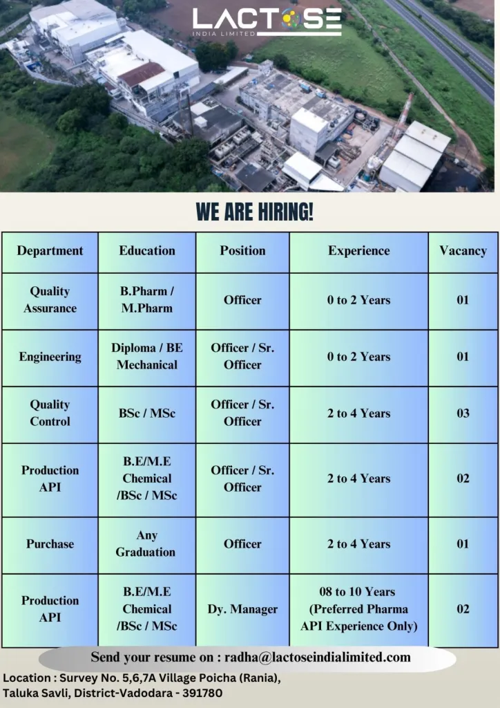 Freshers Needed In multiple positions At Lactose India Limited Freshers Needed In multiple positions At Lactose India Limited