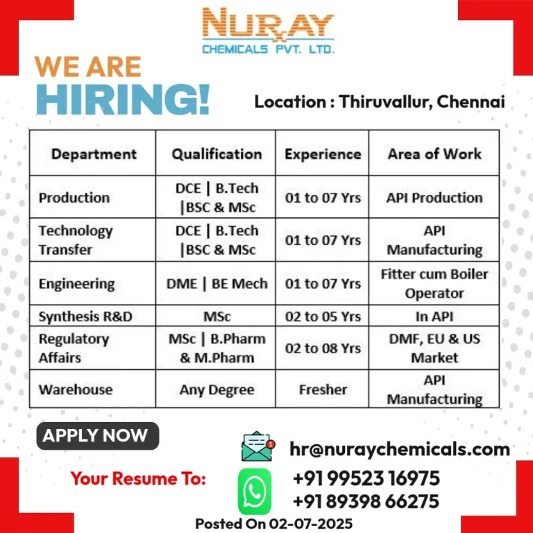 Nuray Chemicals Hiring – API Production, R&D & Engineering Jobs Nuray Chemicals Hiring – API Production, R&D & Engineering Jobs