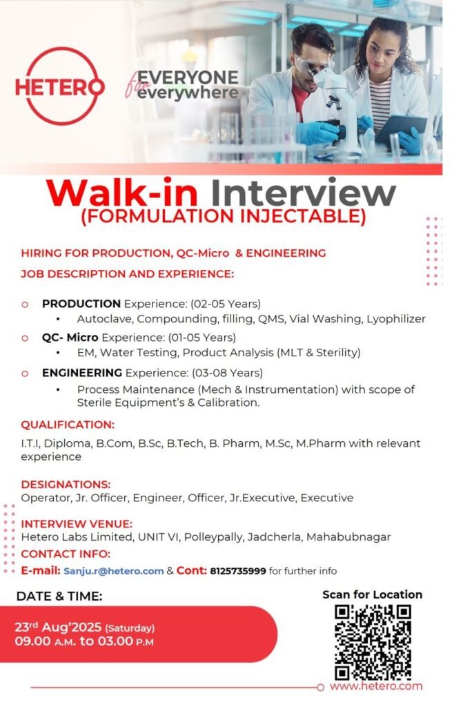 Hetero Labs Hiring For Production, QC, Engineering Department Hetero Labs Hiring For Production, QC, Engineering Department