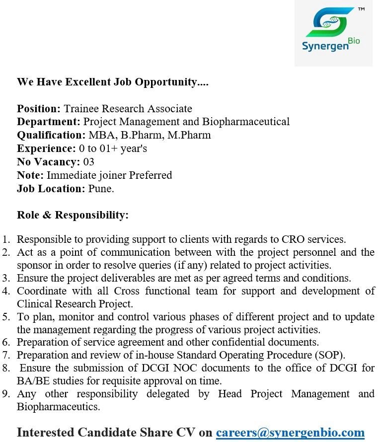 Freshers Needed In Trainee Research Associate At Synergen Bio Freshers Needed In Trainee Research Associate At Synergen Bio