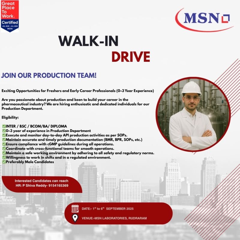 Freshers Needed In Production At MSN Laboratories