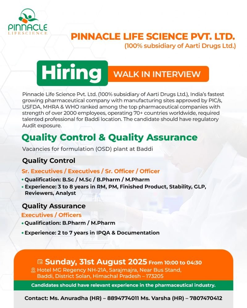 Pinnacle Life Science Hiring Quality Control or Quality Assurance