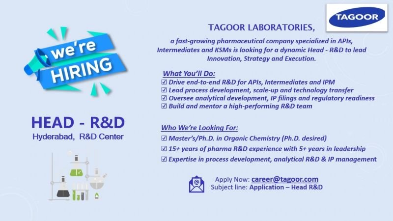 Tagoor Laboratories Hiring For Head of R&D Tagoor Laboratories Hiring For Head of R&D