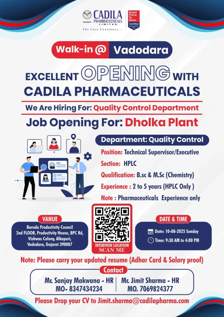 Cadila Pharmaceuticals Hiring For Quality Control