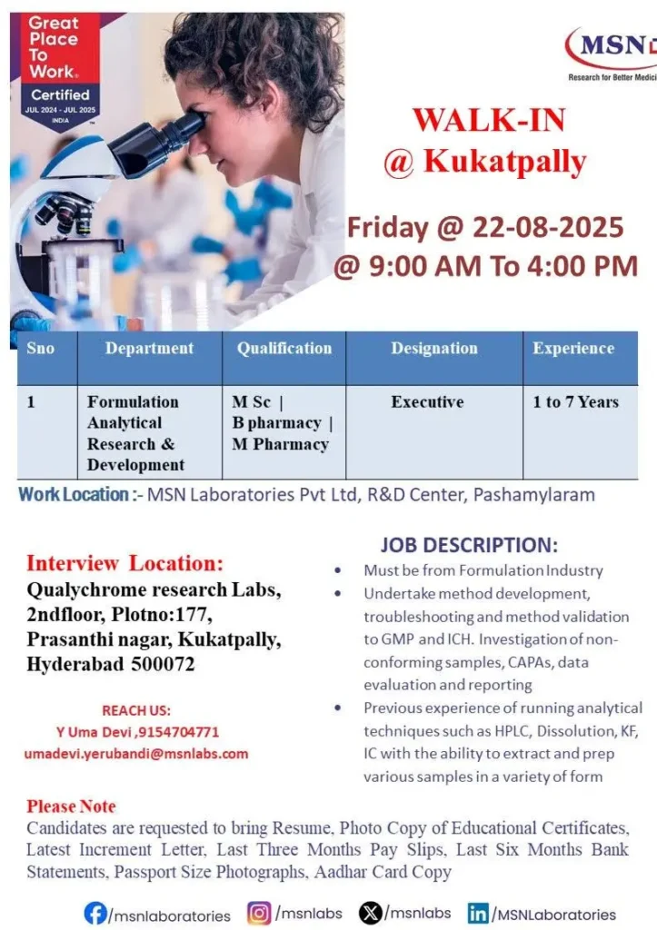 MSN Laboratories Hiring For Formulation Analytical R&D