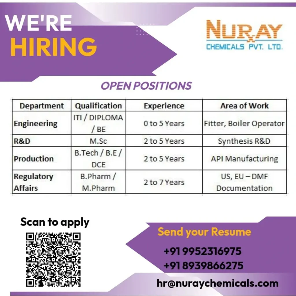 Freshers Needed Engineering / R&D / Production / Regulatory Affairs At Nuray Chemicals Freshers Needed Engineering / R&D / Production / Regulatory Affairs At Nuray Chemicals