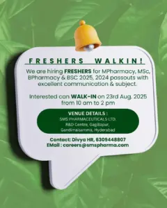 Freshers Needed In various roles At SMS Pharma Freshers Needed In various roles At SMS Pharma