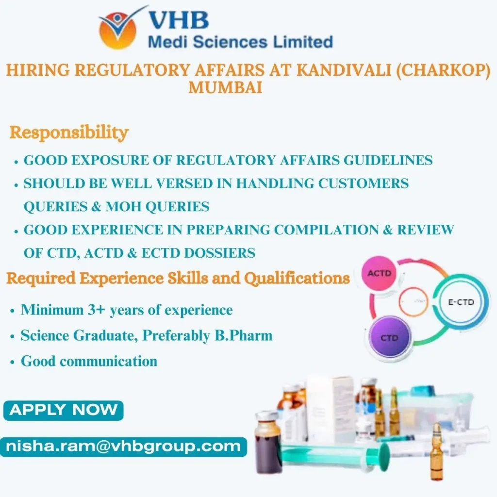 VHB Medi Sciences Hiring Regulatory Affairs