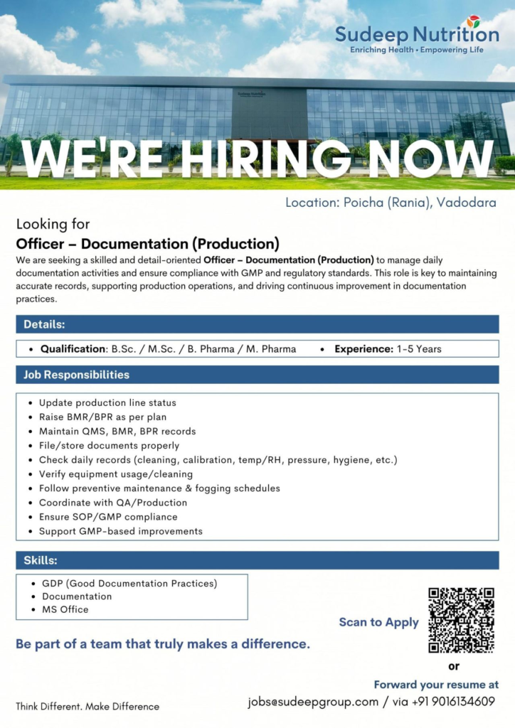Sudeep Nutrition Hiring For Officer - Documentation (Production) Sudeep Nutrition Hiring For Officer - Documentation (Production)