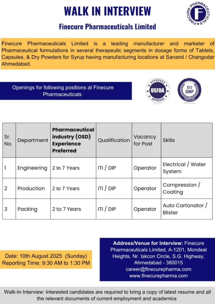 Finecure Pharmaceuticals Hiring Production / Packing / Engineering Department Finecure Pharmaceuticals Hiring Production / Packing / Engineering Department