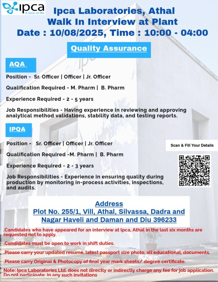 IPCA Laboratories Hiring For In-Process Quality Assurance, Analytical Quality Assurance IPCA Laboratories Hiring For In-Process Quality Assurance, Analytical Quality Assurance