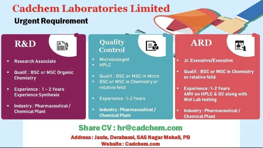 Cadchem Laboratories Hiring For R&D – Synthesis, QC, ARD