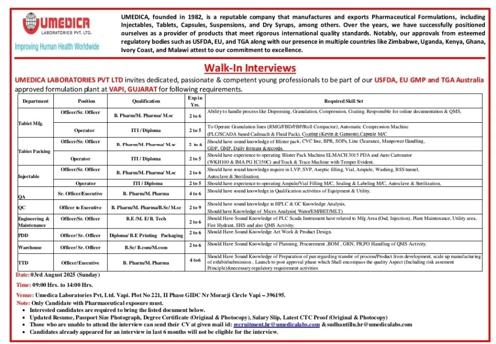 UMEDICA Hiring For Tablet Manufacturing, Injectable, QA, Engineering, Warehouse, and PDD departments. UMEDICA Hiring For Tablet Manufacturing, Injectable, QA, Engineering, Warehouse, and PDD departments.