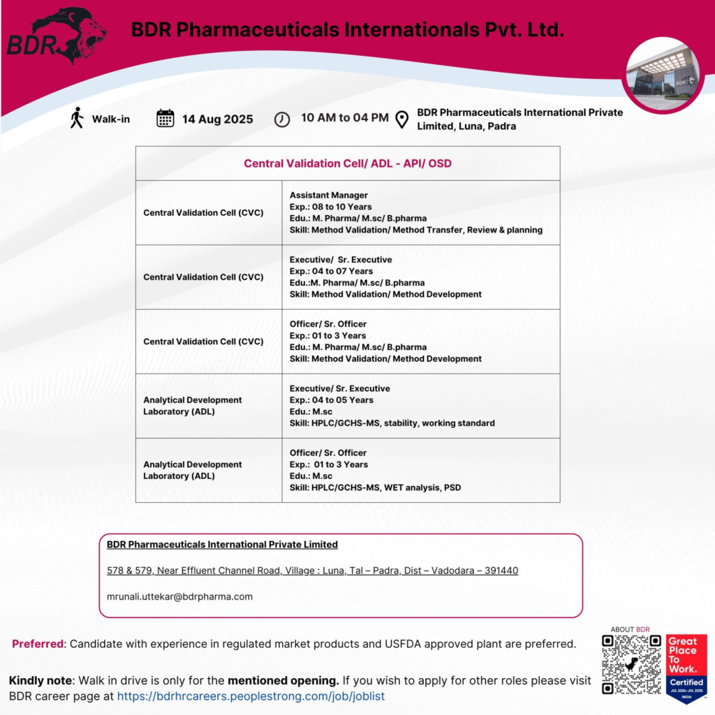 BDR Pharmaceuticals Hiring For CVC / ADL BDR Pharmaceuticals Hiring For CVC / ADL