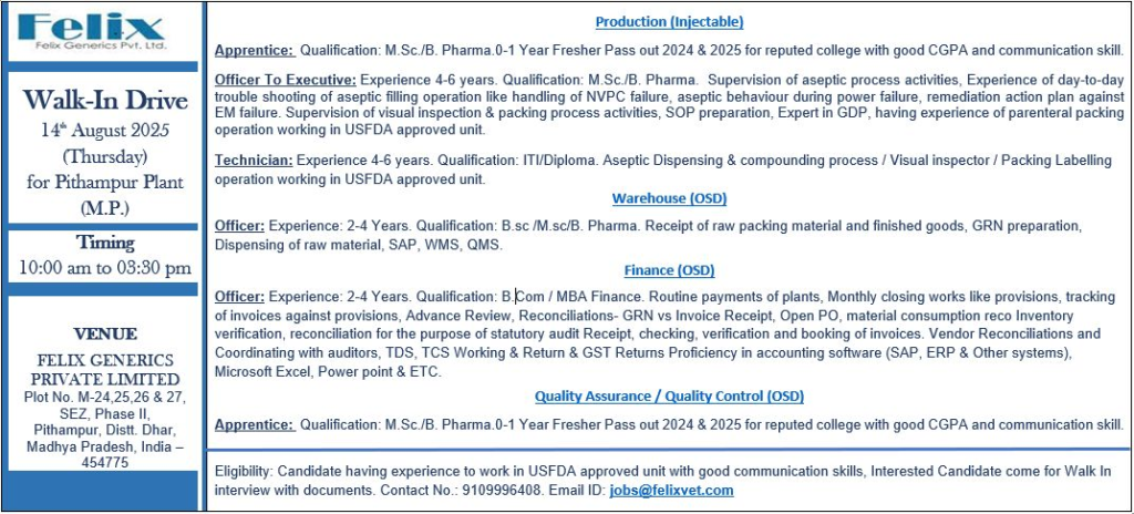 Freshers Needed In multiple positions At Felix Generics Freshers Needed In multiple positions At Felix Generics