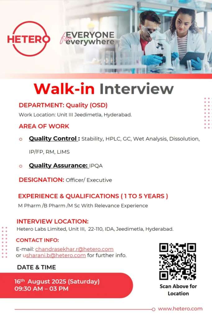 HETERO Hiring For Quality Assurance / Quality Control HETERO Hiring For Quality Assurance / Quality Control