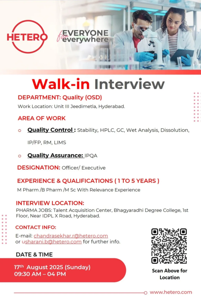 HETERO Hiring For Quality Assurance / Quality Control HETERO Hiring For Quality Assurance / Quality Control