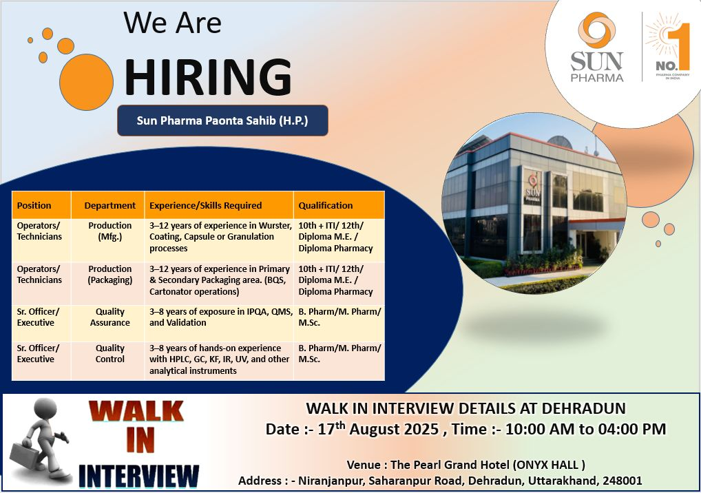Sun Pharma Hiring For Production / Quality Assurance Sun Pharma Hiring For Production / Quality Assurance