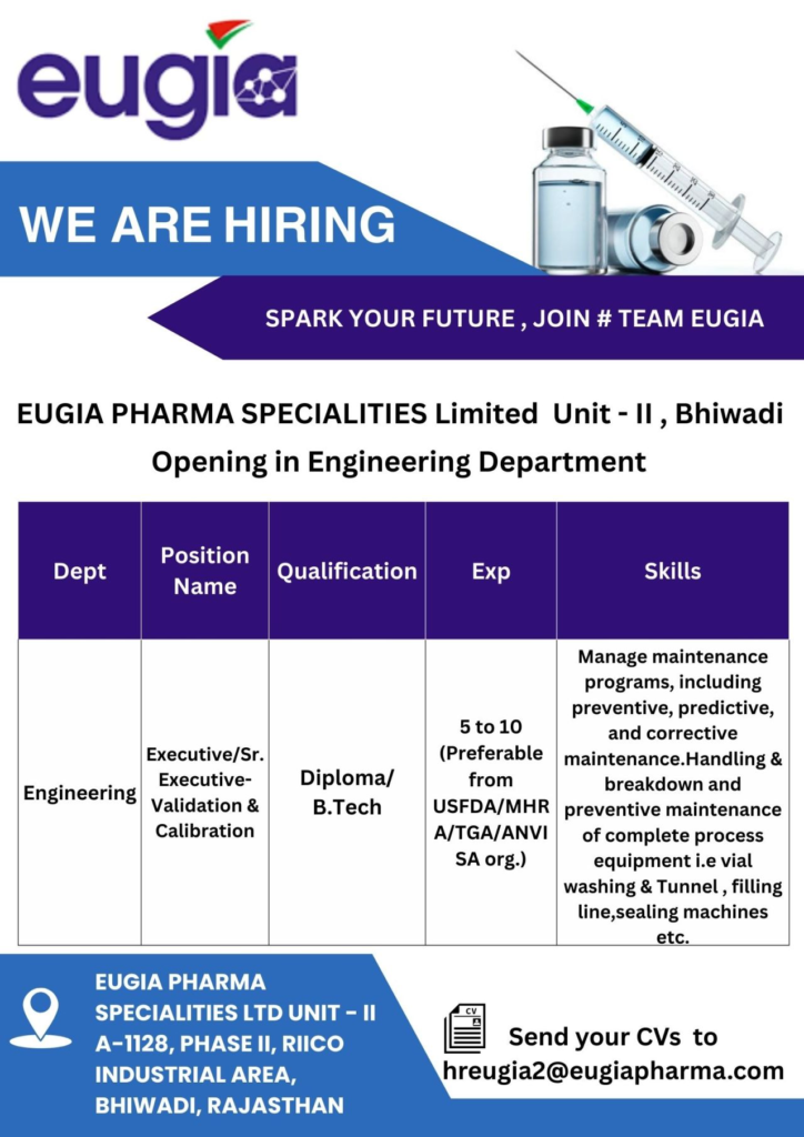 Eugia Pharma Hiring For Digital, Production, and Engineering departments Eugia Pharma Hiring For Digital, Production, and Engineering departments