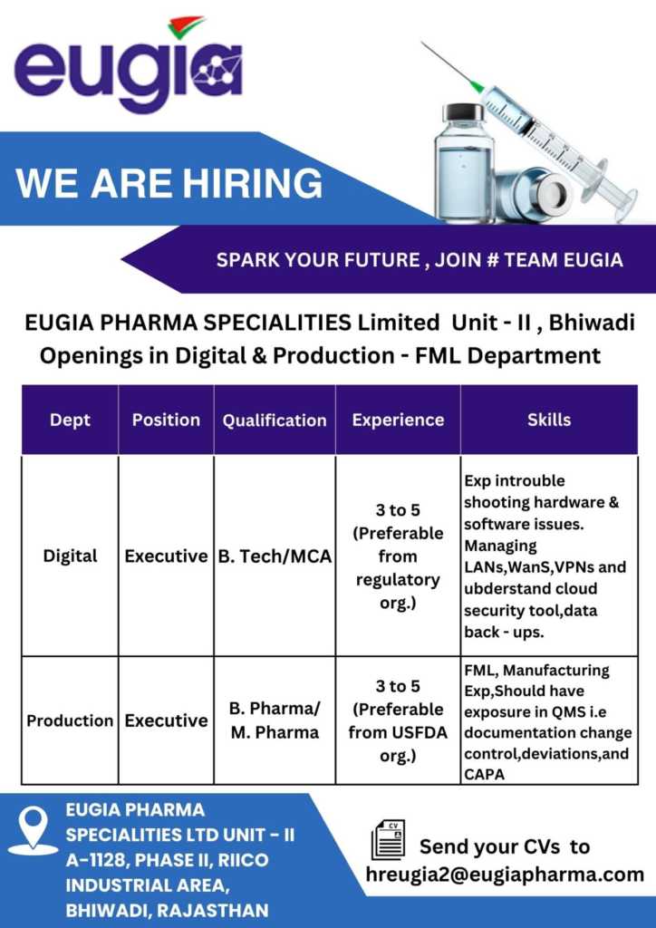 Eugia Pharma Hiring For Digital, Production, and Engineering departments Eugia Pharma Hiring For Digital, Production, and Engineering departments