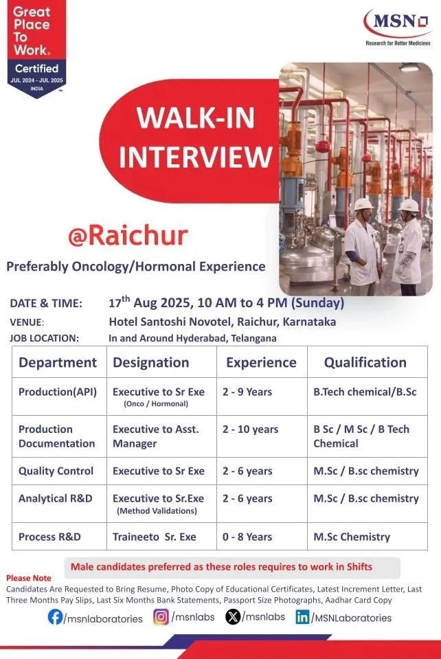 Freshers Needed In Production, QC, AR&D, PR&D At MSN Laboratories Freshers Needed In Production, QC, AR&D, PR&D At MSN Laboratories