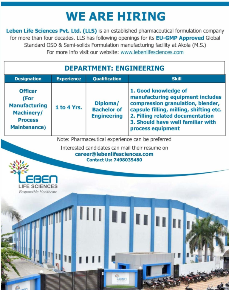 Leben Life Sciences Officer – Manufacturing Machinery/Process Maintenance Leben Life Sciences Officer – Manufacturing Machinery/Process Maintenance