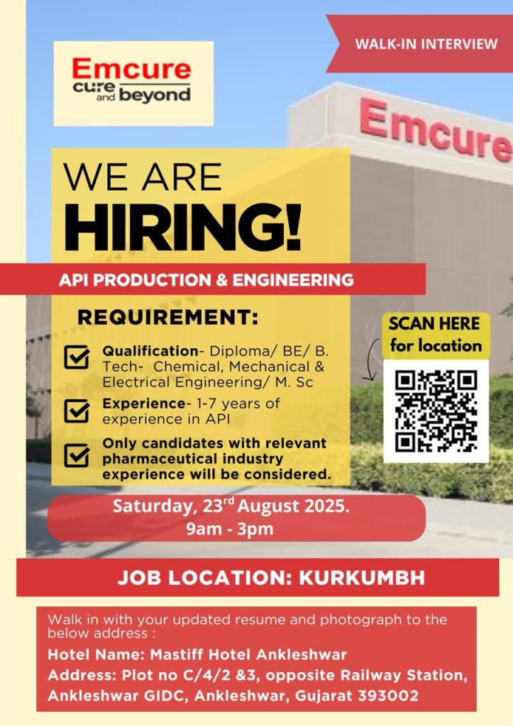 Emcure Pharmaceuticals Hiring For Production & Engineering Professionals Emcure Pharmaceuticals Hiring For Production & Engineering Professionals