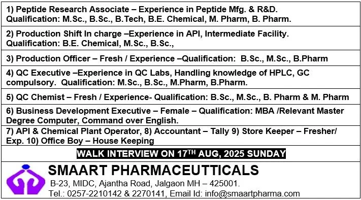 Freshers Needed multiple positions At SMAART Pharmaceuticals Freshers Needed multiple positions At SMAART Pharmaceuticals