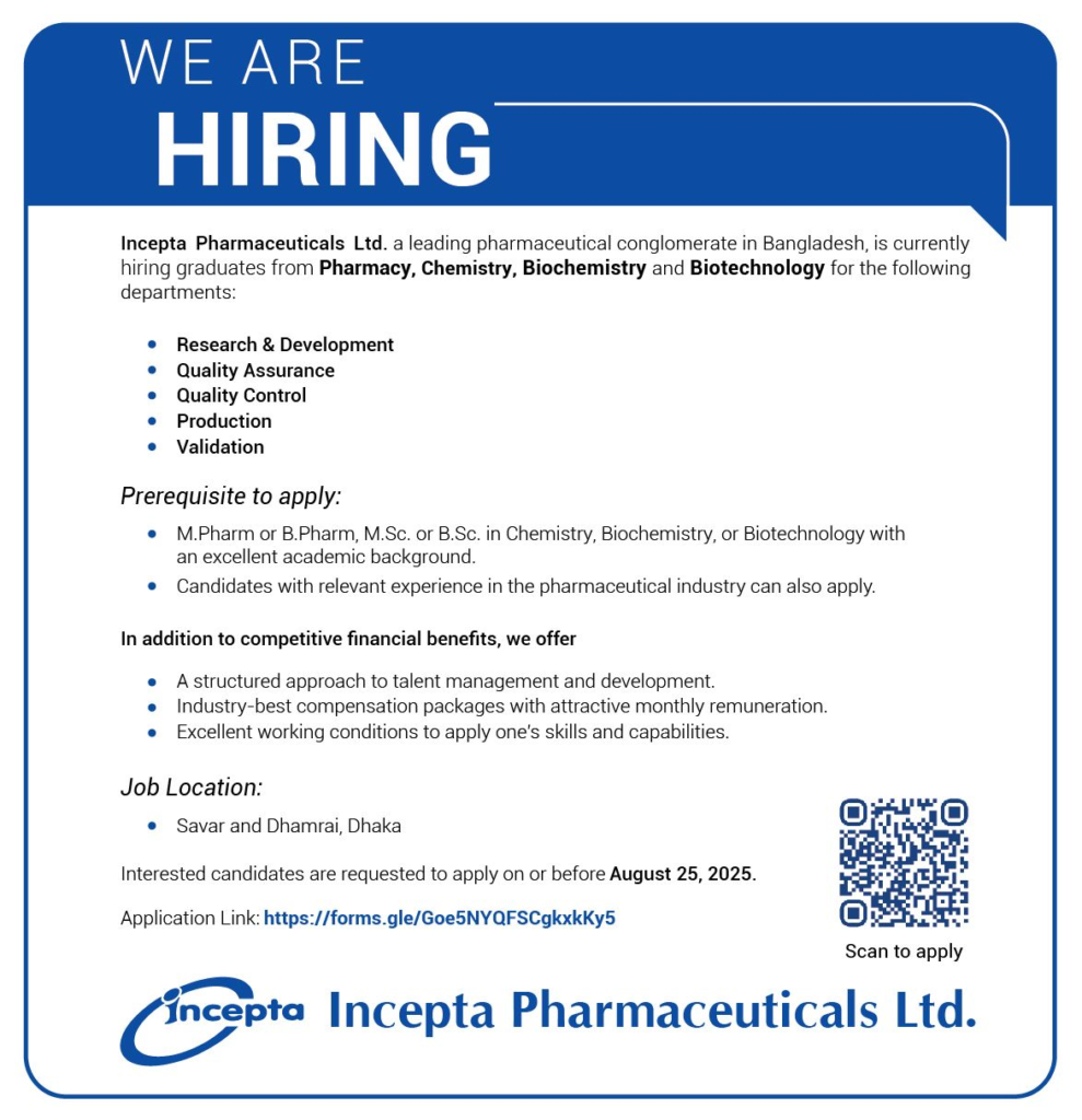 Incepta Pharmaceuticals Hiring For R&D, QA, QC, Validation, Production Incepta Pharmaceuticals Hiring For R&D, QA, QC, Validation, Production