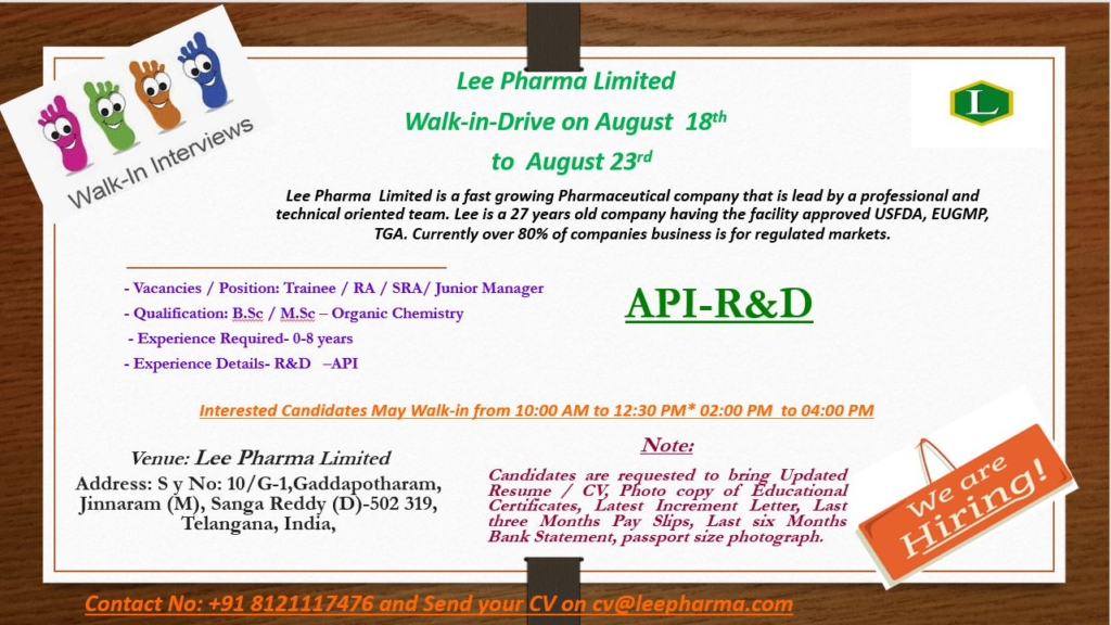 Freshers Needed In R&D - API Roles At Lee Pharma Limited Freshers Needed In R&D - API Roles At Lee Pharma Limited