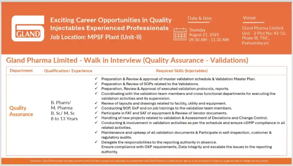 Gland Pharma Hiring For Quality Assurance Gland Pharma Hiring For Quality Assurance