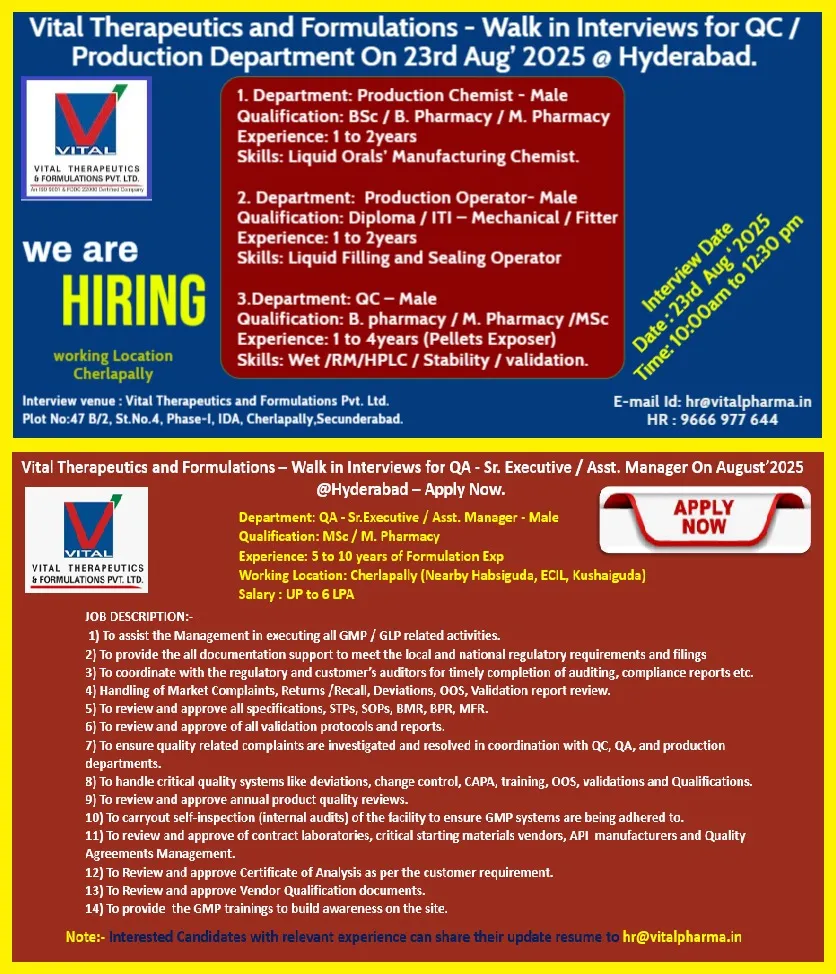 Vital Therapeutics Hiring QC, Production, and QA departments Vital Therapeutics Hiring QC, Production, and QA departments