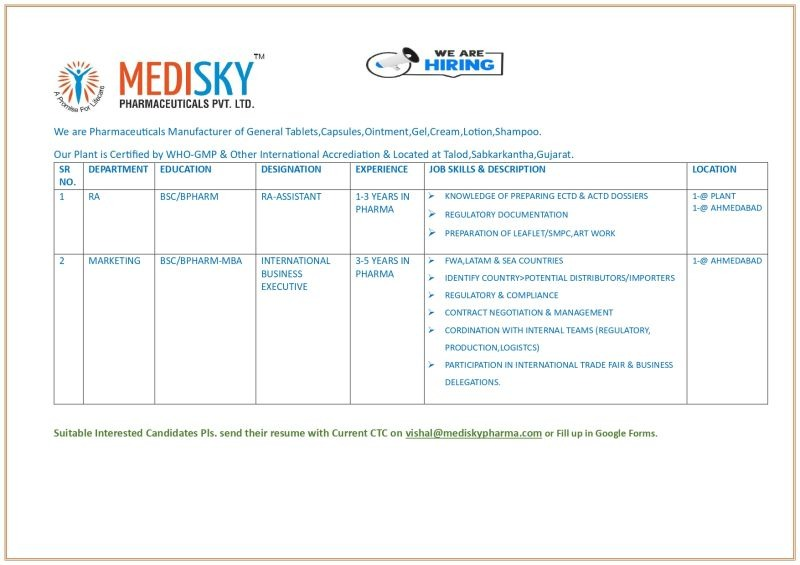 Medisky Pharmaceuticals Hiring Regulatory Affairs / International Business Executive