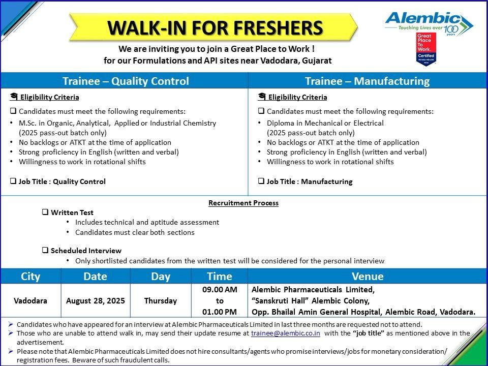Freshers Needed In Manufacturing / Quality Control Trainee At Alembic Pharmaceuticals
