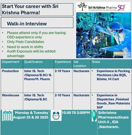 Sri Krishna Pharmaceuticals Hiring Production, Warehouse Department Sri Krishna Pharmaceuticals Hiring Production, Warehouse Department