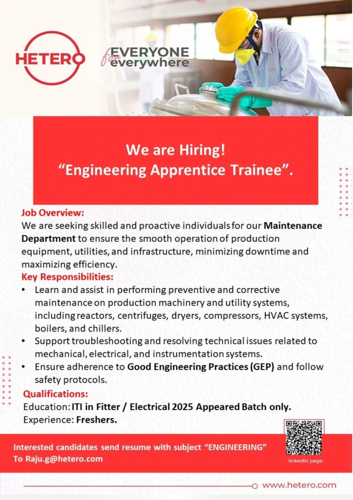 Freshers Needed In Engineering Apprentice Trainee At Hetero Freshers Needed In Engineering Apprentice Trainee At Hetero