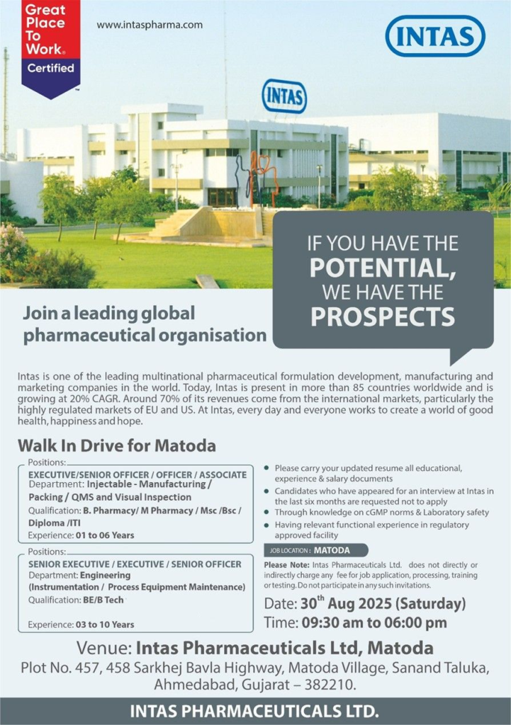Intas Pharmaceuticals Hiring For Manufacturing, Engineering Department Intas Pharmaceuticals Hiring For Manufacturing, Engineering Department