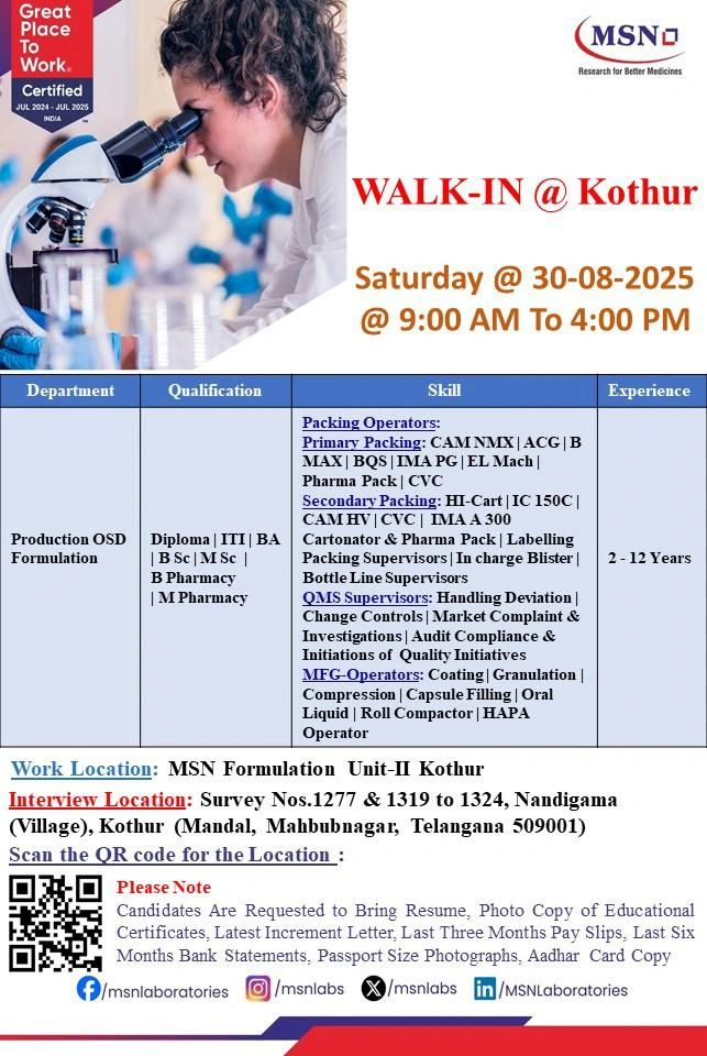 MSN Laboratories Hiring Production / Quality Assurance / Packing MSN Laboratories Hiring Production / Quality Assurance / Packing