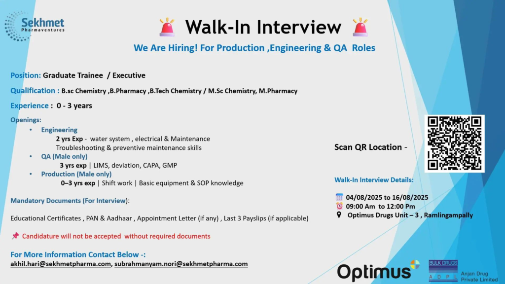 Freshers Needed In Production, Engineering, and QA At Sekhmet Pharma Freshers Needed In Production, Engineering, and QA At Sekhmet Pharma