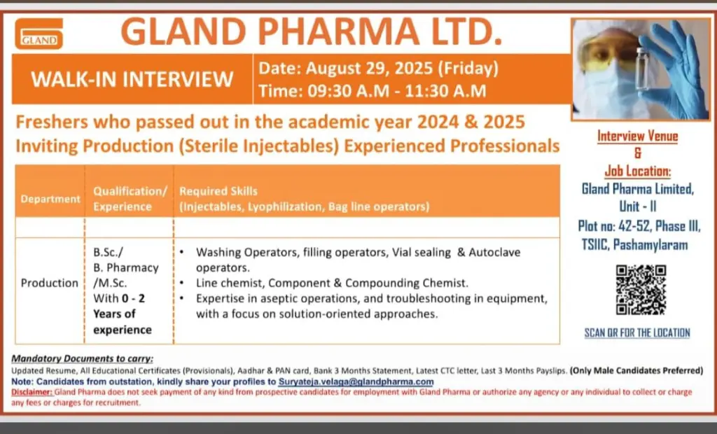 Freshers Needed In Production At Gland Pharma Ltd