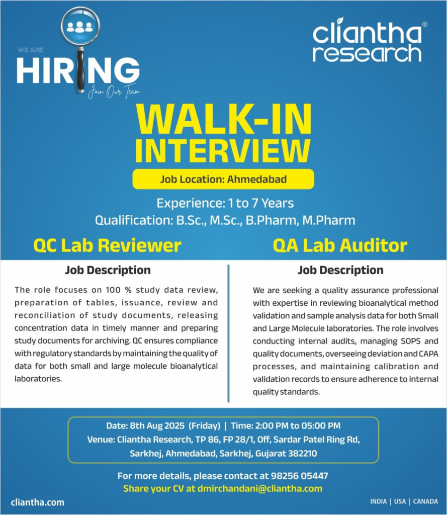 Cliantha Research Hiring For Quality Assurance / Quality Control Cliantha Research Hiring For Quality Assurance / Quality Control